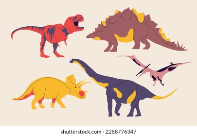Set with cartoon dinosaurs isolated on sandy background. Vector illustration for printing on wrapping paper, fabric, postcard, clothing.