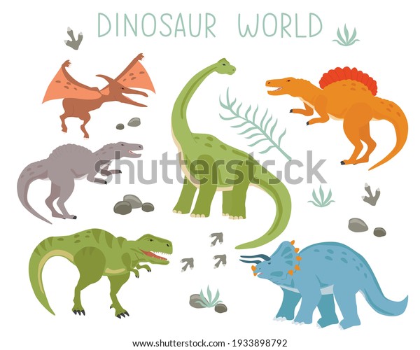 Set with cartoon\
dinosaurs isolated on a white background. Vector illustration for\
printing on packaging paper, fabric, postcard, clothing. Cute\
children\'s background