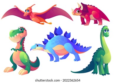 Set of cartoon dinosaurs prehistoric animals.