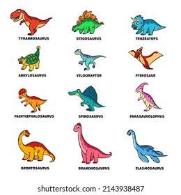 set of cartoon dinosaurs with under name