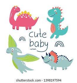 Set of cartoon dinosaurs. Vector illustration for printing on fabric, packaging paper, Wallpaper, poster, banner. Cute baby background.