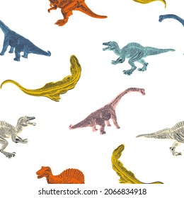 Set cartoon dinosaurus on seamless pattern isolated on white background. Vector
