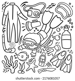 Set of Cartoon Diver and Equipment in Doodle Style Vector 