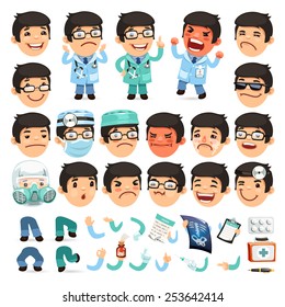 Set of Cartoon Doctor Character for Your Design or Animation. Isolated on White Background.