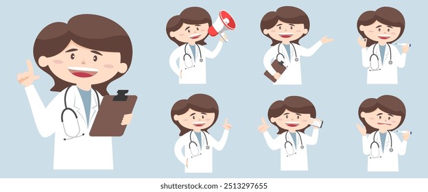 A set of cartoon doctor images in various poses for use in graphic design projects