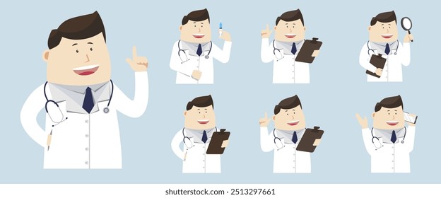A set of cartoon doctor images in various poses for use in graphic design projects