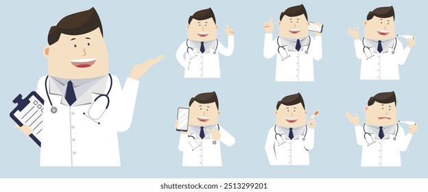 A set of cartoon doctor images in various poses for use in graphic design projects