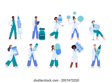 Set of cartoon doctors with medicines. Vector flat illustrations isolated on white background.