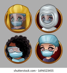 Set of cartoon doctors in protective masks. Vector illustration