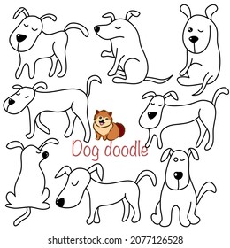 Set of cartoon dog doodle. Collections poses in free hand drawing vector illustration style.