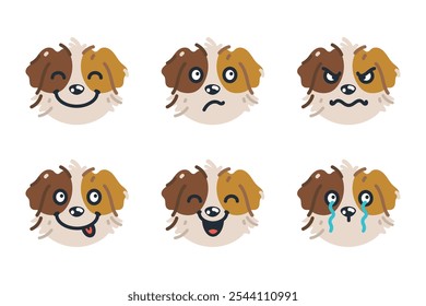 Set of cartoon dog faces in various emotional vector illustrations, perfect for kids' projects. Flat art, isolated, and easy to use, bringing charm to creative design projects.