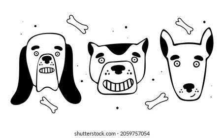Conjunto de cabezas de perro de dibujos animados. Ilustración vectorial en estilo doodle.