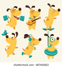 Set of cartoon dog illustration isolated on white background.Puppy Everyday Activities Set