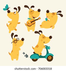 Set Of Cartoon Dog Illustration Isolated On White Background. Puppy Everyday Activities Set