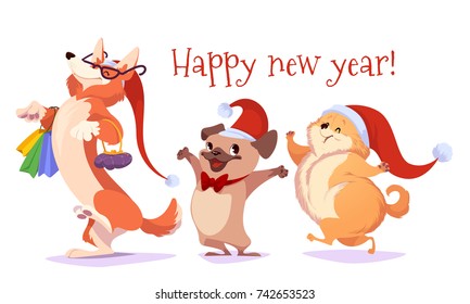Set of cartoon dogs characters with Christmas hats. Symbol of the 2018 year. Vector illustration on a white background.