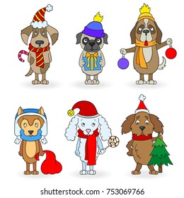 Set of cartoon dogs with Christmas attributes, painted figures on white background, isolate