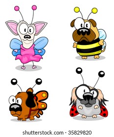 Set of cartoon dogs in fancy dresses isolated on white