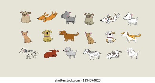 Set of cartoon dogs. Happy pets. Funny animals.