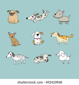 Set of cartoon dogs. Happy pets. 
Funny animals.