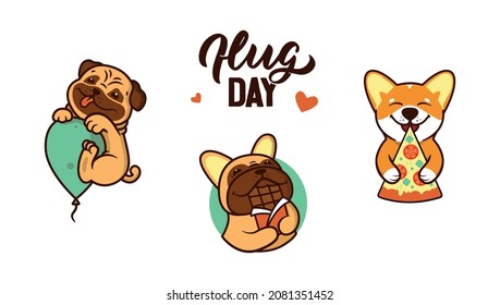 The Set Of Cartoon Dogs Hugging Food Is Good For Hug Day, Stickers. The Logo Puppy Is Love Pizza, Balloon, Chocolate Is Good For Holiday Designs. The Animals In A Vector Illustration