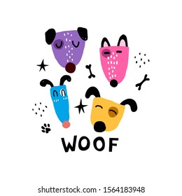 set with cartoon dogs, lettering, decor elements. flat vector illustration. Hand drawing for children. baby design for print on t-shirt, postcard