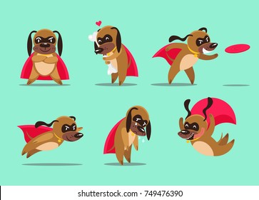 Set of cartoon dogs superhero in different poses.Vector illustration.