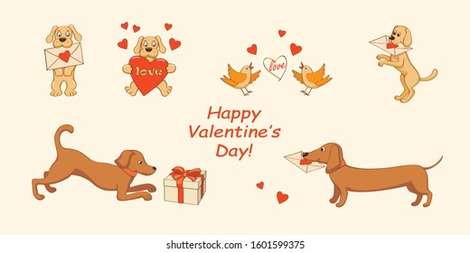 Set of cartoon dogs with valentine letter, hearts and birds. Cute puppies for valentine greeting card, festive banner, flyer. Colorful vector illustration Valentine Day, romantic holiday. eps 10