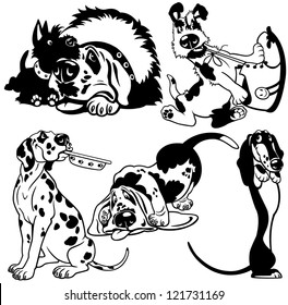 set with cartoon dogs,difference breeds,black white vector pictures isolated on white background