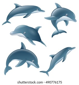 set of cartoon dolphin show on white