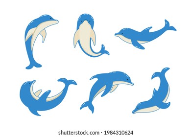 Set of cartoon dolphins in different poses, vector illustration of marine animals. Painted dolphins swim