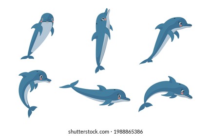 Set of cartoon dolphins in different poses. Color vector illustration. White isolated background.
