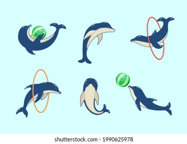 Set of cartoon dolphins in different poses, vector illustration of marine animals. Painted dolphins swim and players in dolphinarium