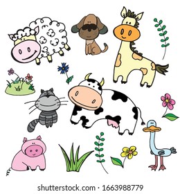 Set cartoon domestic animals - sheep, cow, horse, pig, goose, cat, dog. Animals on the farm.