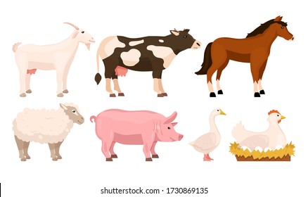 Set cartoon domestic animals vector illustration isolated on white background. Goat, cow, horse, sheep, pig, goose, hen. Rustic farm concept.