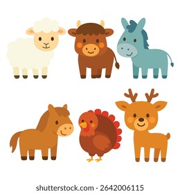 Set of cartoon domestic and farm animals including sheep, bull, donkey, horse, turkey, and deer. Flat colorful illustration on white background. Livestock and rural animal concept. Design for sticker