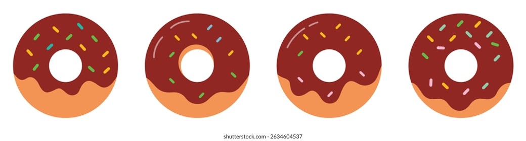 Conjunto de ícones do vetor da rosquinha do desenho animado conjunto isolado no fundo branco. Coleção de rosquinhas fofas em estilo diferente. Doce rosquinhas design plano. Ilustração vetorial.
