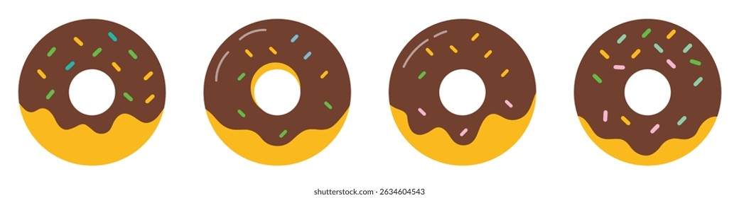 Set of cartoon donut vector icon set isolated on white background. Collection of cute doughnuts in different style. Sweet chocolate donuts in flat design. Vector illustration.