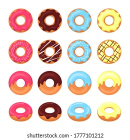 Set von Cartoon Donuts in bunter Glaze. Vektorgrafik einzeln auf weißem Hintergrund.