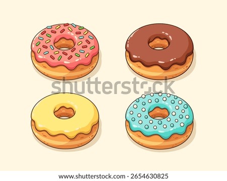 Set of cartoon donuts with pink, blue and chocolate glaze and colorful sprinkles on beige background. Vector flat illustrations collection.