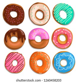 Set of cartoon donuts. Top view. Comic style. Different types, glazed, with sprinkles, iced and chocolate. Vector illustrations isolated on white background.