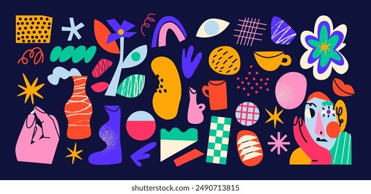 Set cartoon doodle abstract stickers in the retro groovy 90s style. Hippie design elements, flowers, pets, fruits. Acid bright sticker pack	