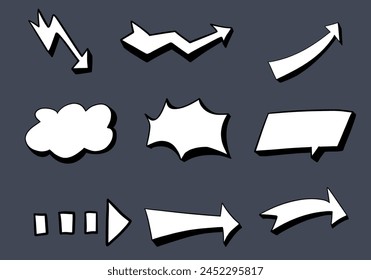 Set of cartoon doodle arrows and speech bubbles. Vector illustration.