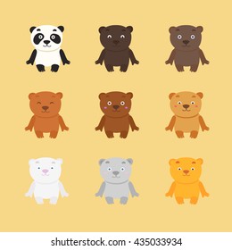 Set of cartoon doodle bear, isolated images for little kids. 9 cute smiling bear characters.