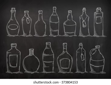 Set cartoon doodle bottles  Sketch glass bottles for food design  menu  Decorative vector illustration isolated chalkboard  All bottles are grouped for easy editing 