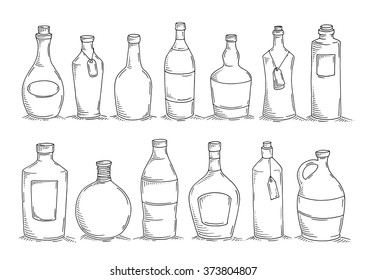 Set cartoon doodle bottles  Sketch glass bottles for food design  menu  Decorative vector illustration isolated white  All bottles are grouped for easy editing 