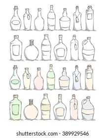 Set cartoon doodle bottles  Sketch glass bottles for food design  menu  Decorative vector illustration isolated white  All bottles are grouped for easy editing 