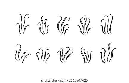 Set cartoon doodle elements of smoke, grass, or wavy outlines.
