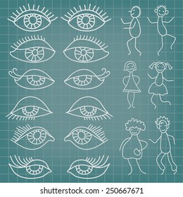 Set of cartoon doodle eyes and people, hand drawn vector characters, isolated elements on green background