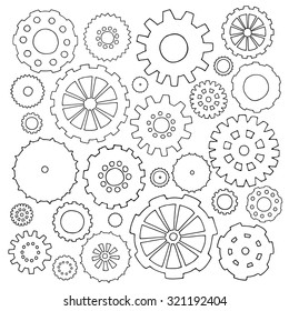 Set of cartoon doodle gears. Mechanical elements for business design. Decorative vector illustration isolated on white background. All cogs organized in groups for easy editing.