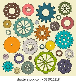 Set of cartoon doodle gears. Mechanical bright elements for business design. Decorative vector kid illustration isolated on light background. All colored cogs organized in groups for easy editing.